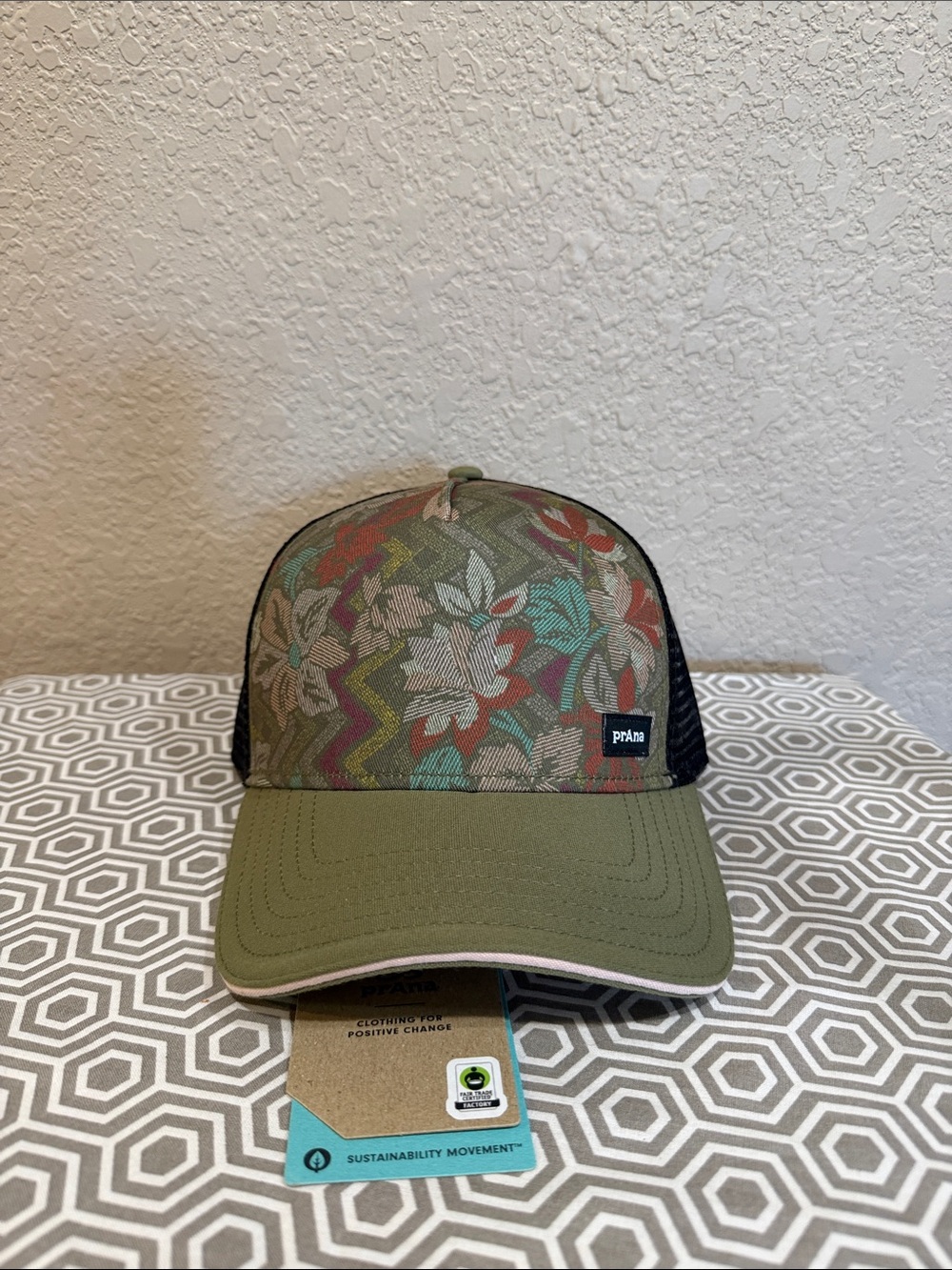 Prana Olive Floral Patchwork Mesh Trucker Hat